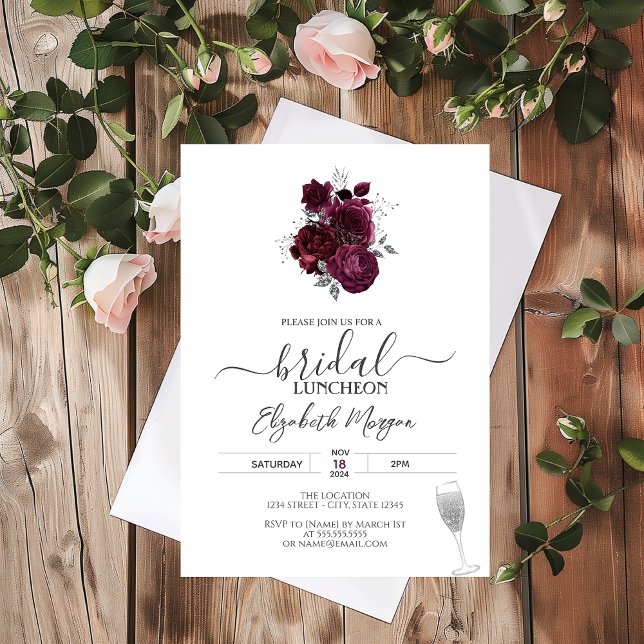 Invitation Déjeuner de mariée Rose de Bourgogne (Créateur téléchargé)