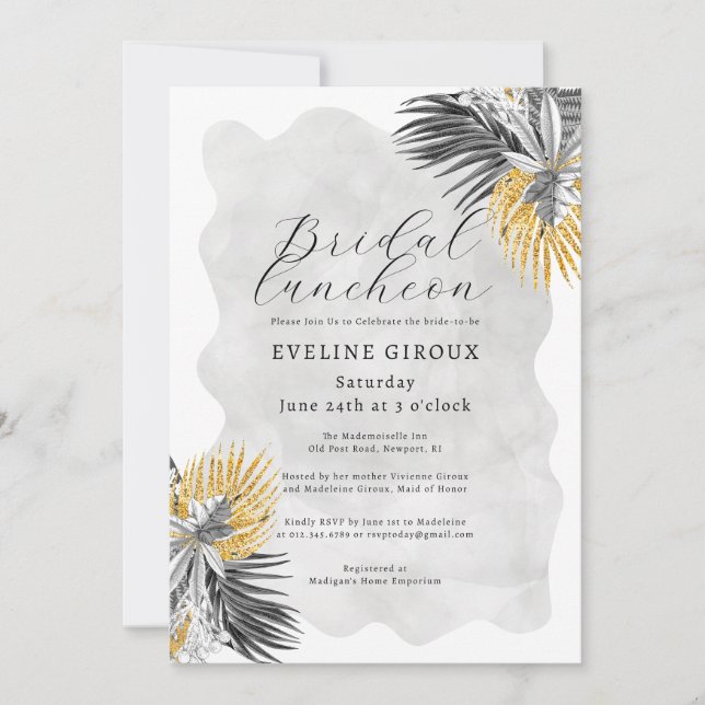 Invitation Déjeuner de mariée Tropical Palm Black White Gold (Devant)