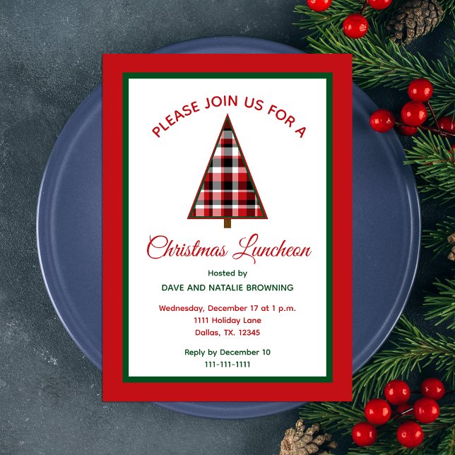 Invitation Déjeuner de Noël Arbre de Noël Rouge Plaid (Créateur téléchargé)