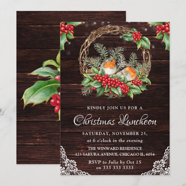 Invitation Déjeuner de Noël Rustique Robins & Holly Wreath (Devant / Derrière)
