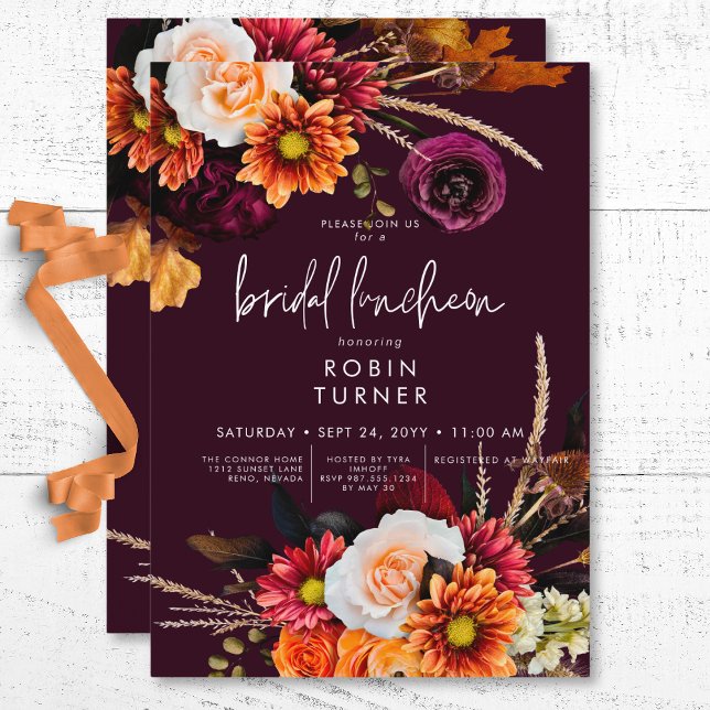 Invitation Déjeuner de nuptiale de Boho Russet foncé Floral B (Dark Russet Boho Floral Burgundy Bridal Luncheon Invitation)