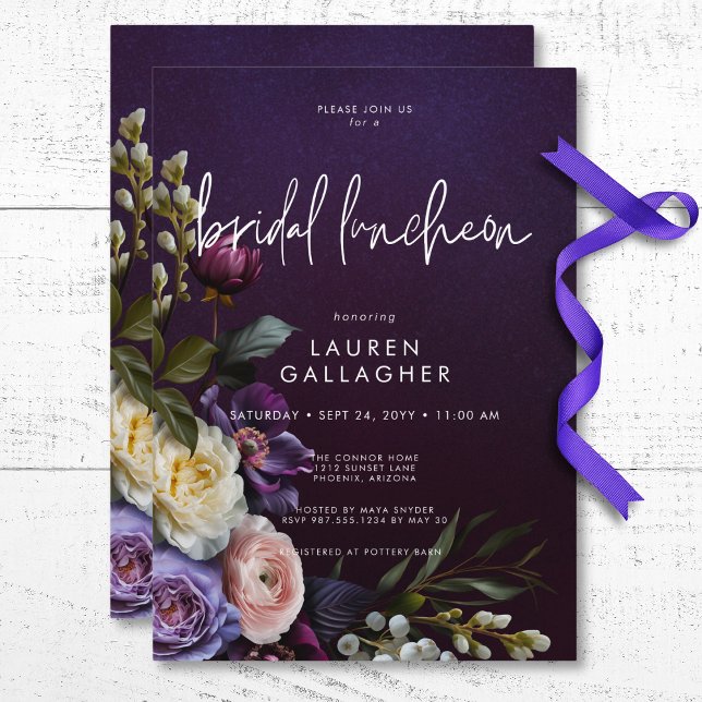 Invitation Déjeuner de nuptiale floral foncé Moody Purple & C (Dark Moody Purple & Cream Floral Bridal Luncheon Invitation)