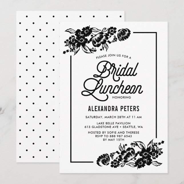 Invitation Déjeuner de nuptiale florale moderne noir et blanc (Devant / Derrière)