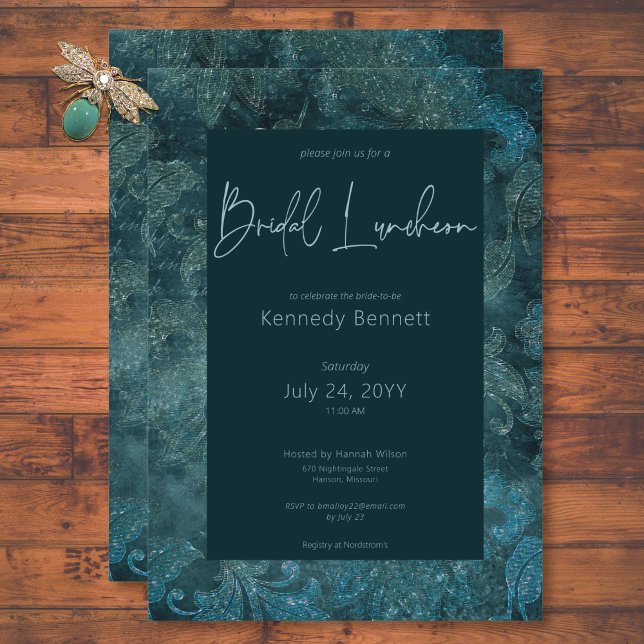Invitation Déjeuner de nuptiale Turquoise Damas de l'époque v (Dark Victorian Teal Damask Bridal Luncheon Invitation)