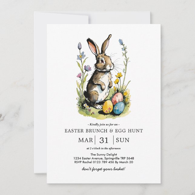 Invitation Déjeuner de Pâques & Chasse aux œufs | Lapin Wildf (Devant)