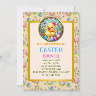 Invitation DÉJEUNER DE PÂQUES, Poussin, Fleurs, et Œufs Color