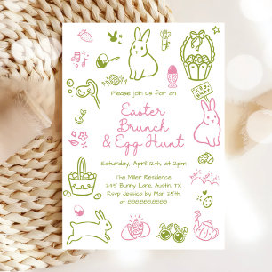 Invitation Déjeuner de Pâques rose et vert et fête de chasse