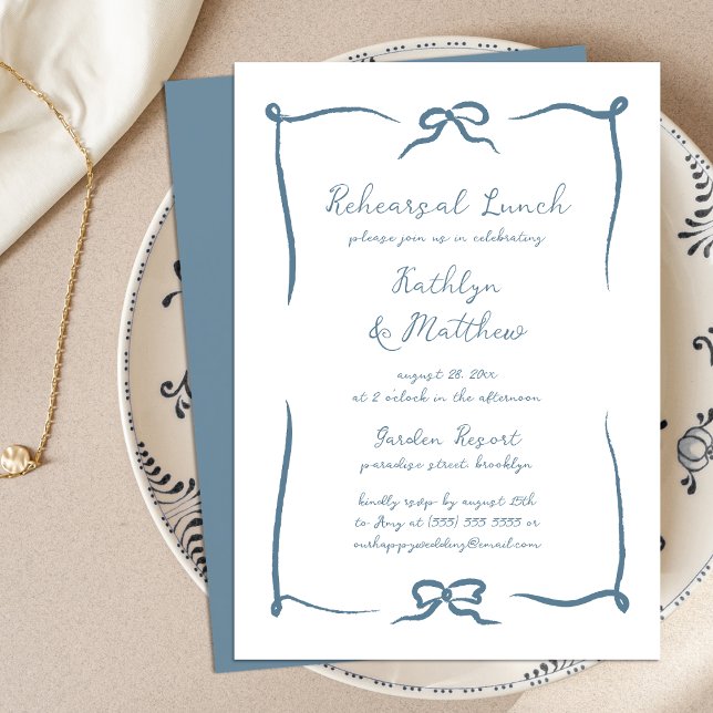 Invitation Déjeuner de répétition bleu Dusty avec ruban à mai (Créateur téléchargé)