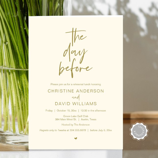 Invitation Déjeuner de répétition moderne, La veille (The day before, Wedding Rehearsal Lunch Invitation Card, Modern Minimalist Script, Classy Gold)