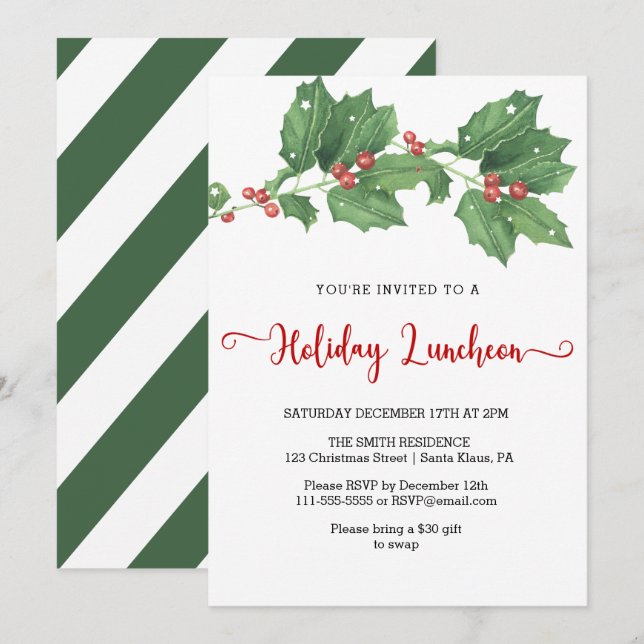 Invitation Déjeuner de vacances Holly Wreath (Devant / Derrière)