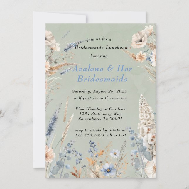 Invitation Déjeuner D'Épouses De Sage Et Dusty Blue Floral (Devant)