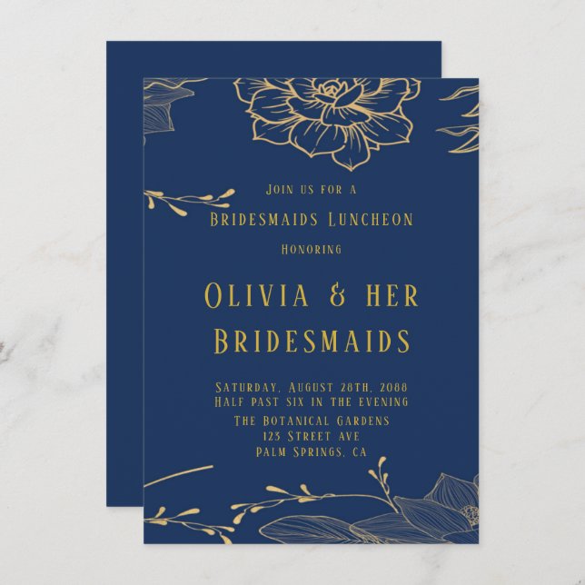 Invitation Déjeuner des Bridesmaids Classy Navy Blue Gold Rac (Devant / Derrière)