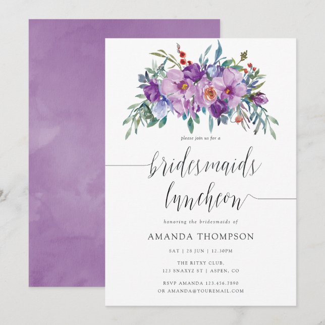 Invitation Déjeuner des Magnolias Violet et des Bridesmaides  (Devant / Derrière)