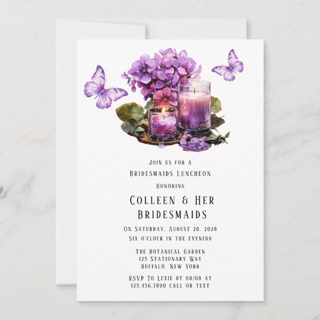 Invitation Déjeuner d'honneur aux papillons Violet Hydrangea (Devant)