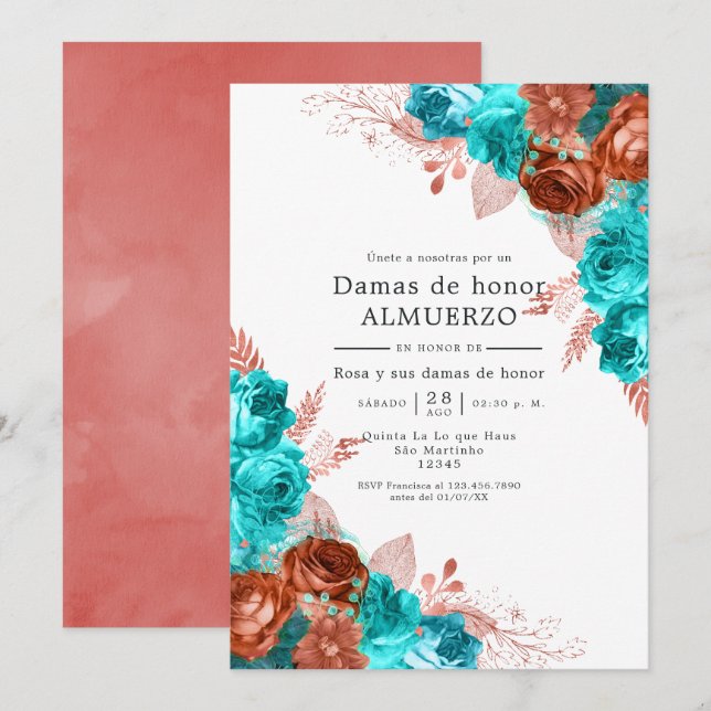 Invitation Déjeuner d'servante espagnole Turquoise et Coral (Devant / Derrière)