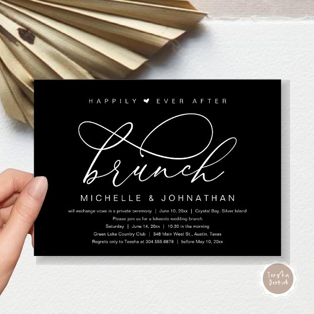 Invitation Déjeuner du bonheur éternel, fête romantique moder (Happily Ever After Brunch Party, Invitation Card, Modern Romantic Wedding Elopement, Classy Black)