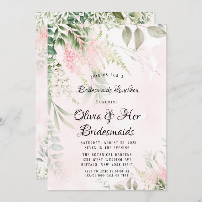 Invitation Déjeuner Feuille Bridesmaids Rose et Verdure (Devant / Derrière)
