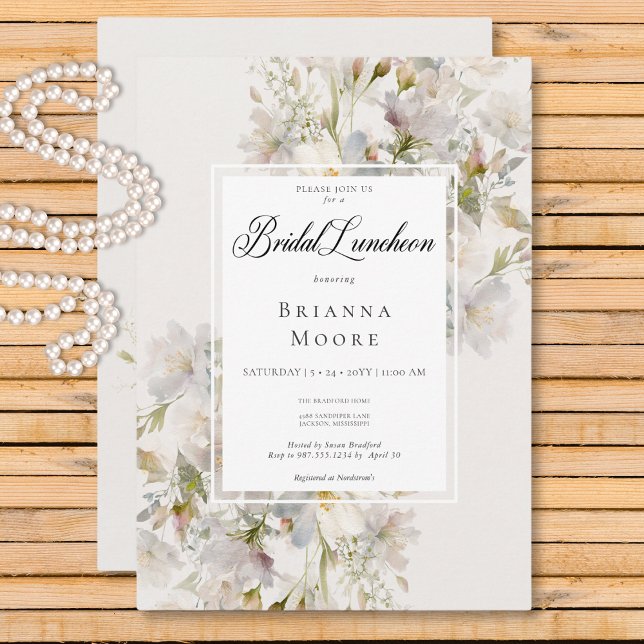 Invitation Déjeuner marial romantique blanc et rose floral (Romantic Muted White & Pink Floral Bridal Luncheon Invitation)
