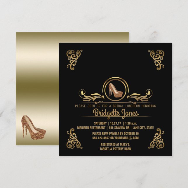 Invitation Déjeuner nuptial Black Gold| Fête de l'mariée Mari (Devant / Derrière)
