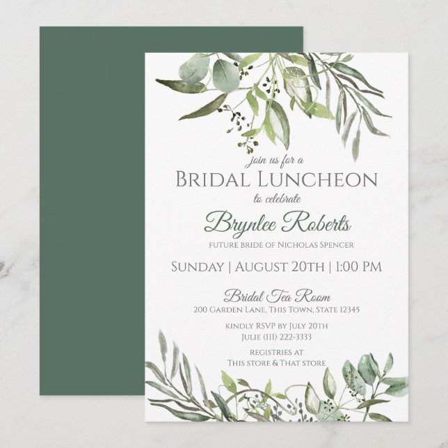 Invitation Déjeuner nuptial botanique Feuilles et vertes (Devant / Derrière)
