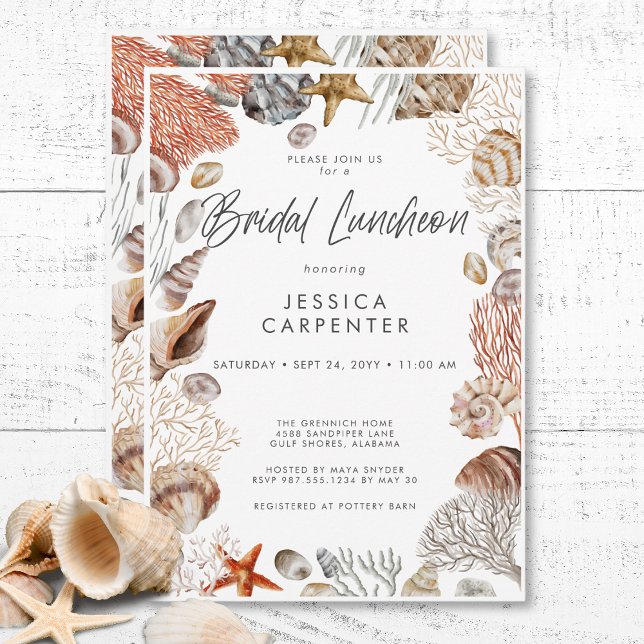 Invitation Déjeuner nuptial de cadre de coquillage tropical m (Modern Tropical Seashell Frame Bridal Luncheon Invitation)