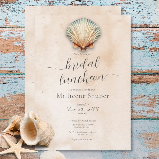 Invitation Déjeuner nuptial de coquillages côtiers modernes (Modern Coastal Seashell Sand Bridal Luncheon Invitation)