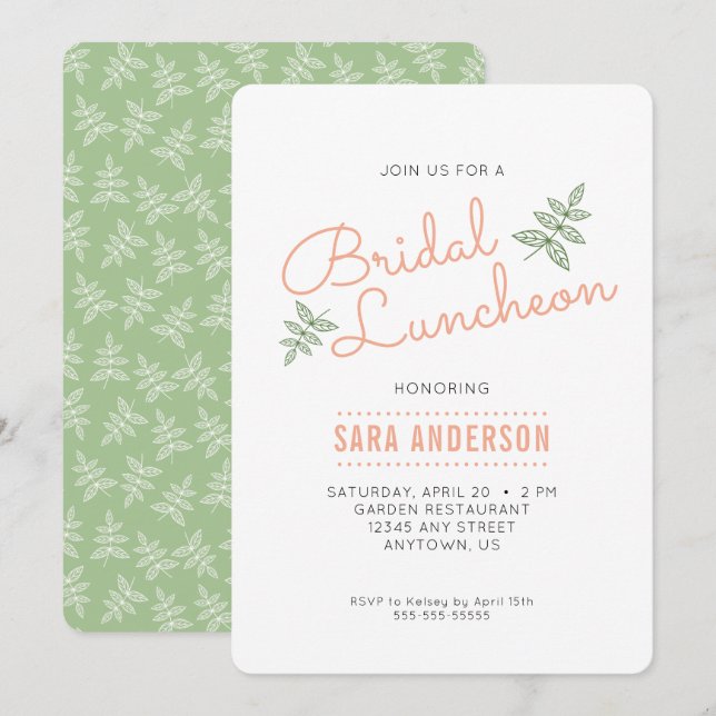 Invitation Déjeuner nuptial des Feuilles de Sage Green et de  (Devant / Derrière)