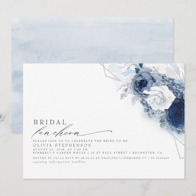Invitation Déjeuner nuptial Dusty Blue Floral Fête des mariée (Devant / Derrière)