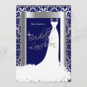 Invitation Déjeuner nuptial en bleu marine Damas et argent