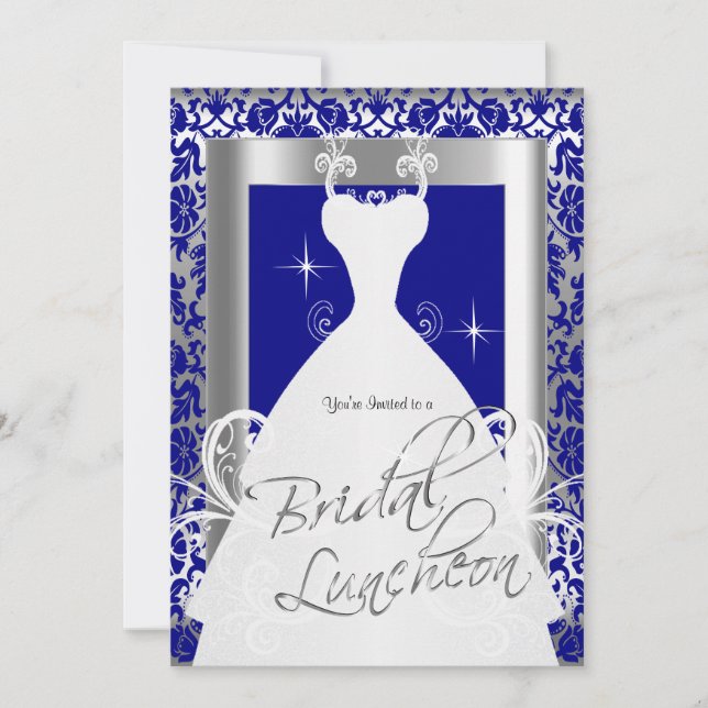 Invitation Déjeuner nuptial en Royal Blue Damask & Silver (Devant)