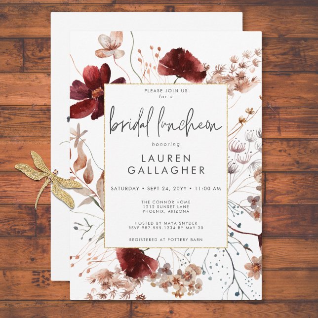 Invitation Déjeuner nuptial Fleur sauvage de cadre de rouille (Modern Fall Rust Wildflower Frame Bridal Luncheon Invitation)