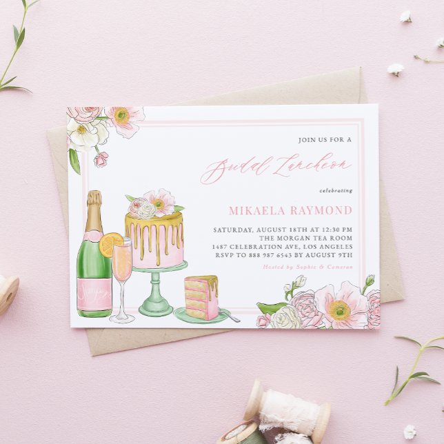 Invitation Déjeuner nuptial floral au champagne et au gâteau  (Créateur téléchargé)