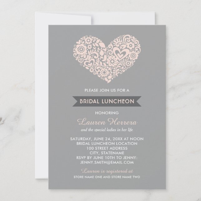 Invitation Déjeuner nuptial moderne Blush et Grey Floral Hear (Devant)