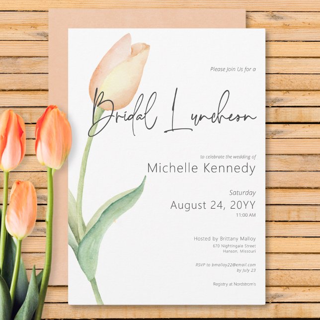 Invitation Déjeuner nuptial moderne Peach Tulip Solo (Modern Peach Tulip Solo Bridal Luncheon Invitation)