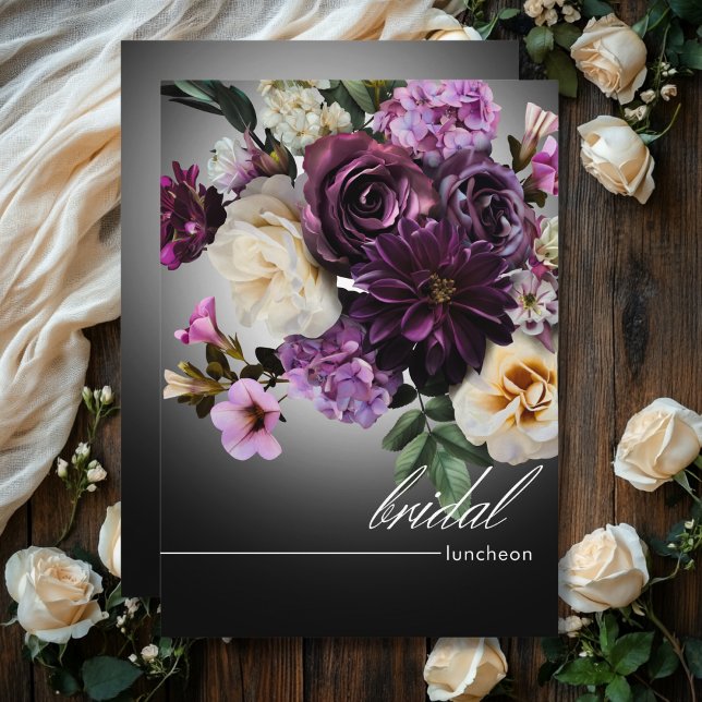 Invitation Déjeuner nuptial noir de minuit violet romance flo (Dark Midnight Purple Floral Romance Bridal Lunch Invitation)