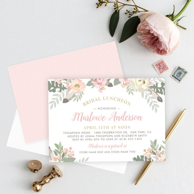 Invitation Déjeuner nuptial rose et or Floral Boho (Créateur téléchargé)