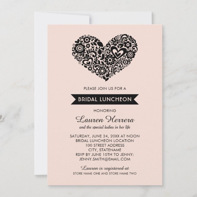 Invitation Déjeuner nuptial rose rose rose de coeur moderne (Devant)