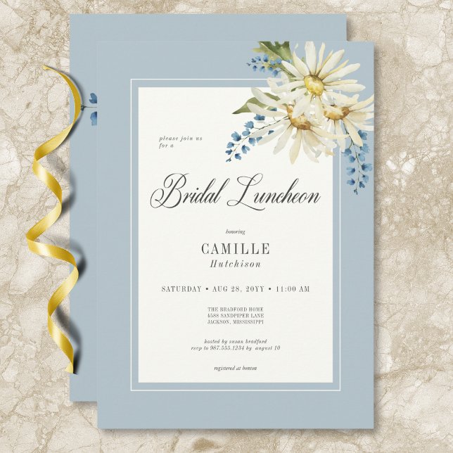 Invitation Déjeuner nuptial rustique bleu et blanc (Rustic Blue & White Daisies Bridal Luncheon Invitation)