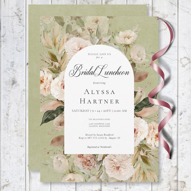 Invitation Déjeuner nuptial rustique Neutre Tan Vert Floral A (Rustic Neutral Tan Green Floral Arch Bridal Lunch Invitation)