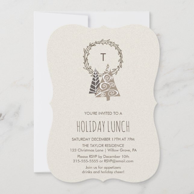 Invitation Déjeuner Rustique Monogram Wreath (Devant)