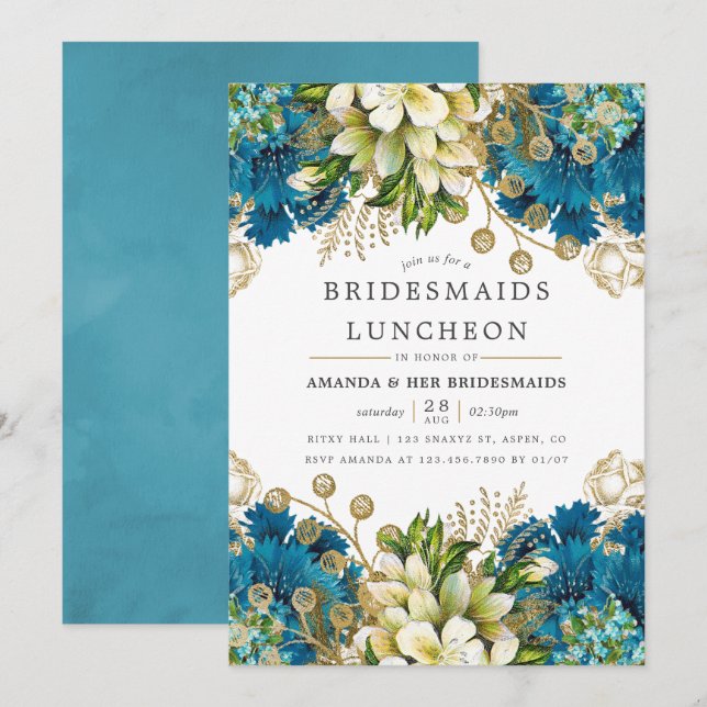 Invitation Déjeuner turquoise et Gold Shabby-Chic Bridesmaier (Devant / Derrière)