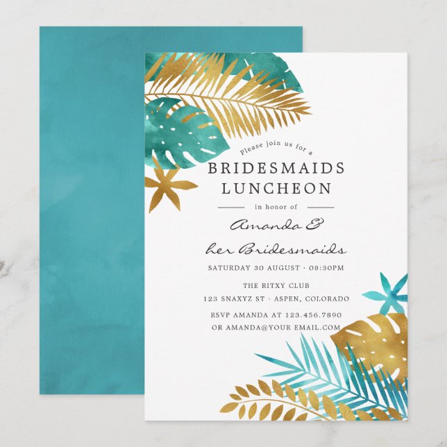 Invitation Déjeuner turquoise et Gold Tropical Bridesmaiers (Devant / Derrière)