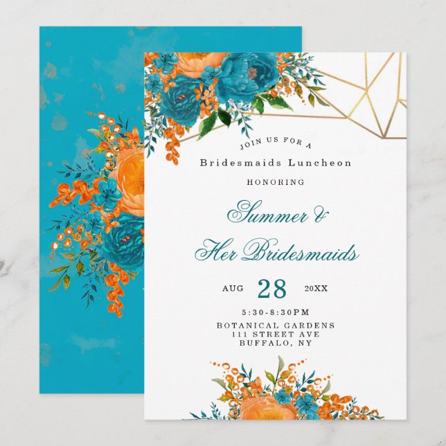 Invitation Déjeuner turquoise Orange Gold Floral Bridesmaitre (Devant / Derrière)