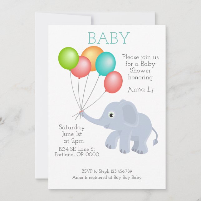 Invitation d'éléphant baby shower (Devant)