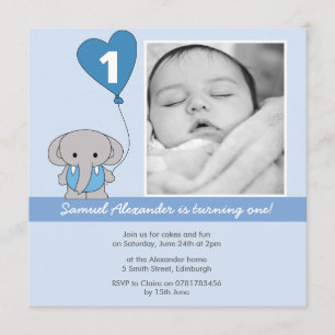 Invitation D'éléphant de photo ?ère fête d'anniversaire bleue