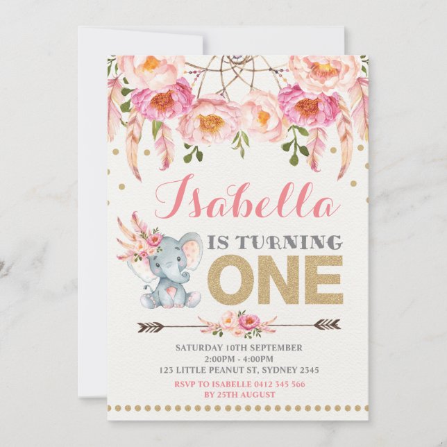Invitation d'éléphant floral Boho or rose Annivers (Devant)