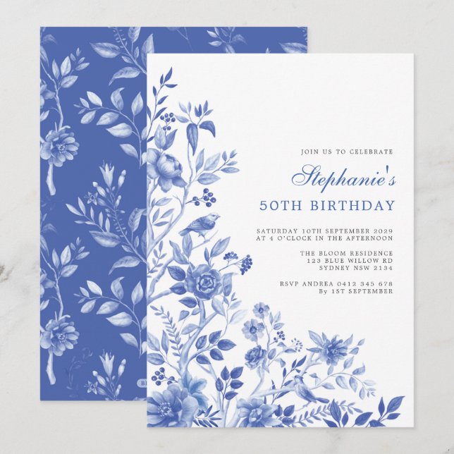 Invitation Delft Blue Chinoiserie Floral Women 50e anniversai (Devant / Derrière)