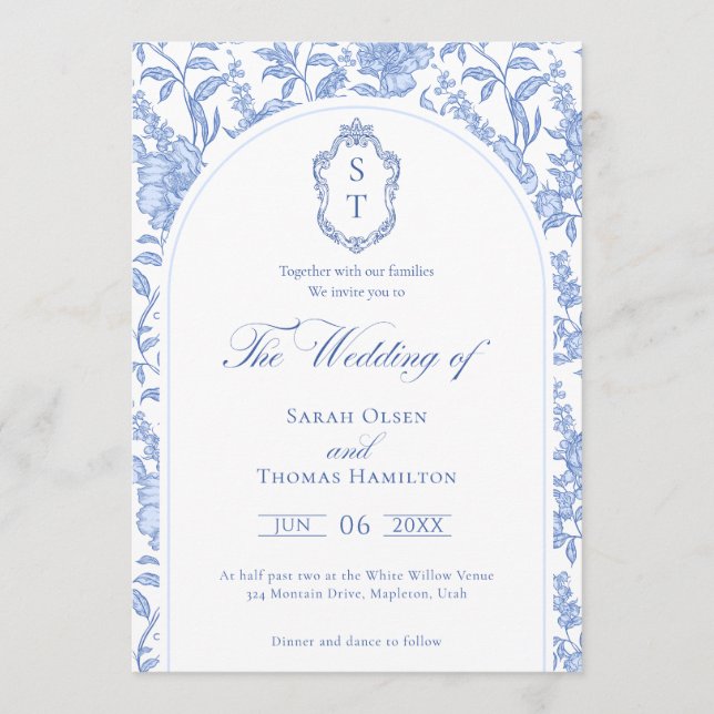 Invitation Delft Blue Floral Chinoiserie Monogram Wedding (Devant)