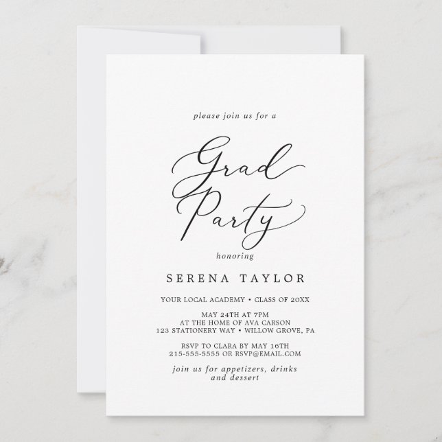 Invitation Délicat Black Calligraphy Grad Party (Devant)