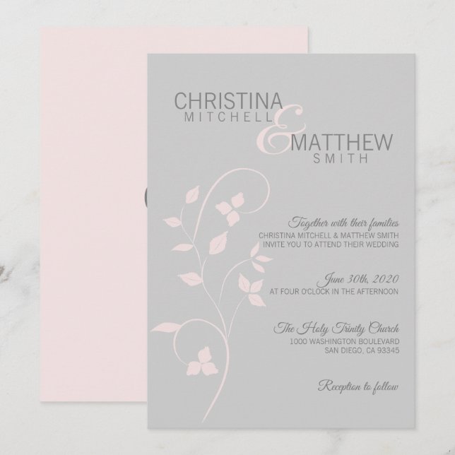 Invitation Délicat Blush Rose Dusty Rose et Grey Vine Mariage (Devant / Derrière)